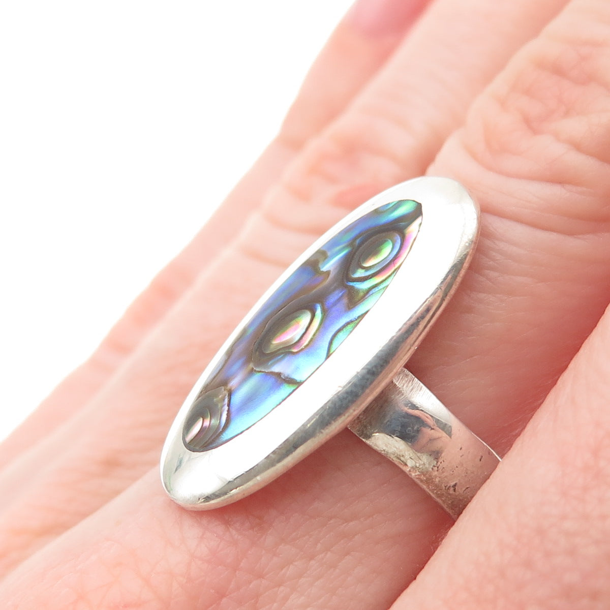 925 Sterling Silver Vintage Real Abalone Shell Modernist Ring Size 7