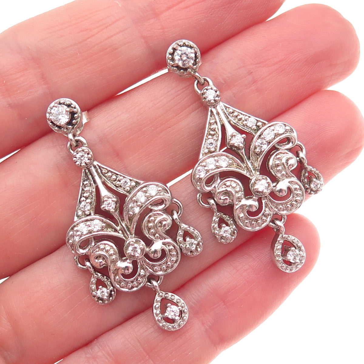 925 Sterling Silver Round-Cut C Z Fleur de Lis Dangle Earrings