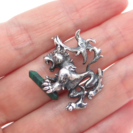 925 Sterling Silver Vintage Real Malachite Royal Lion Slide Charm Pendant