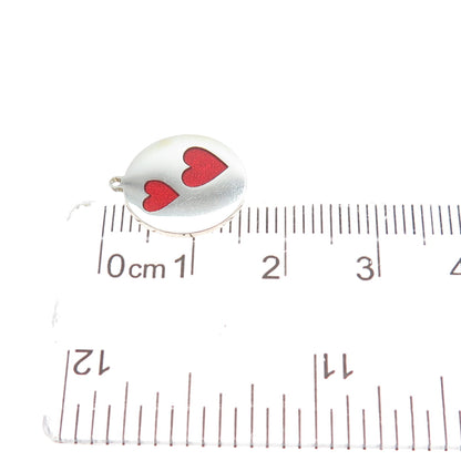 925 Sterling Silver Red Enamel Couple Heart Round Tag Minimalist Charm Pendant