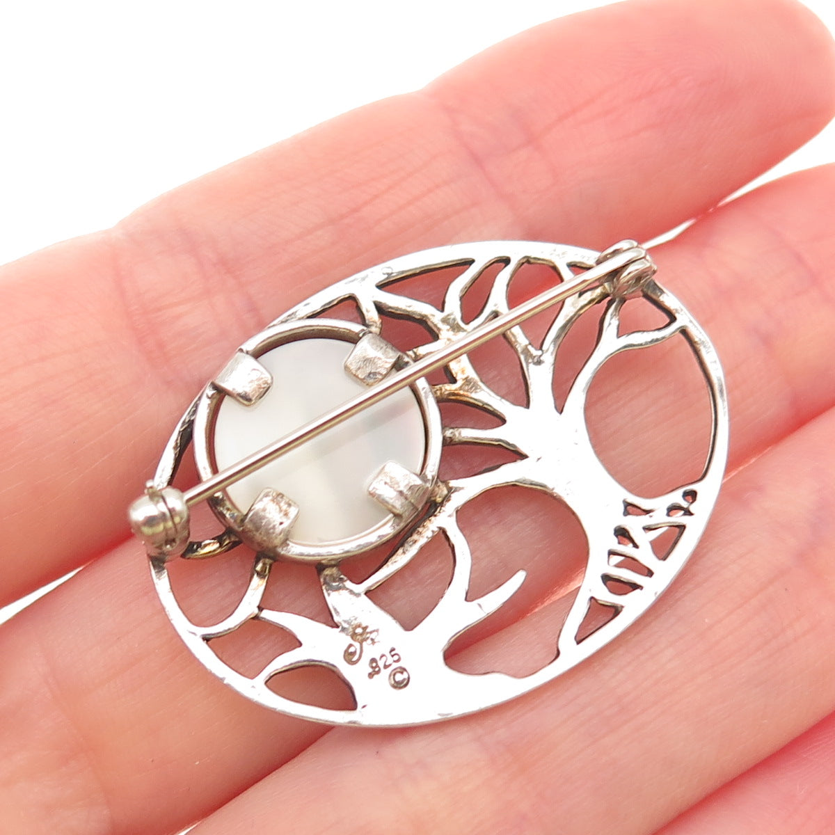 Jezlaine 925 Sterling Silver Vintage Real MOP Winter Moon Oxidized Pin Brooch