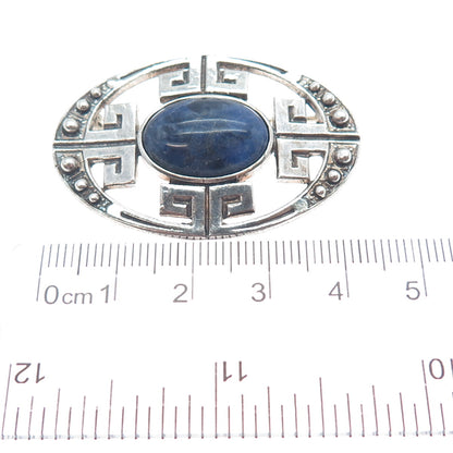 925 Sterling Silver Vintage Real Sodalite Greek Key Oxidized Pin Brooch