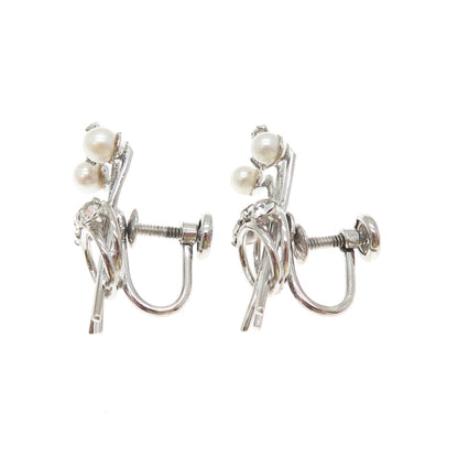CARL ART 925 Sterling Silver Vintage Real Pearl & Rhinestone Screw Back Earrings