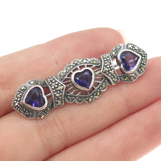 925 Sterling Silver Vintage Real Amethyst & Marcasite Heart Pin Brooch