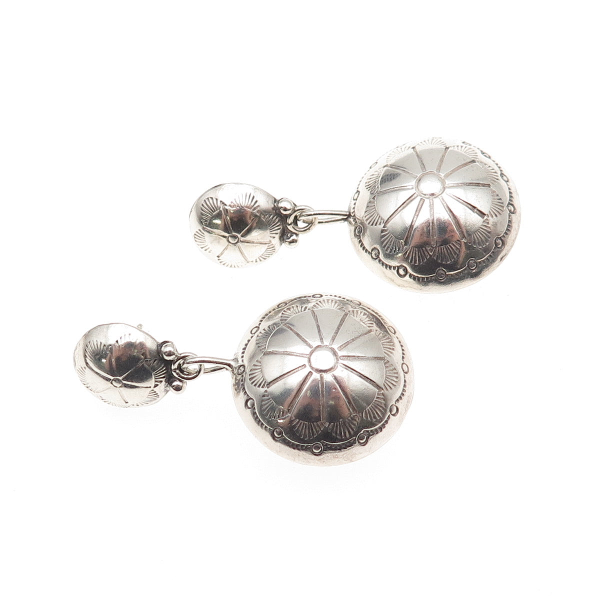 Jerry Cowboy Navajo Old Pawn 925 Sterling Silver Vintage Concho Dangle Earrings