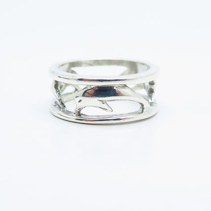 925 Sterling Silver Vintage Friendly Dolphin Open Band Ring Size 6