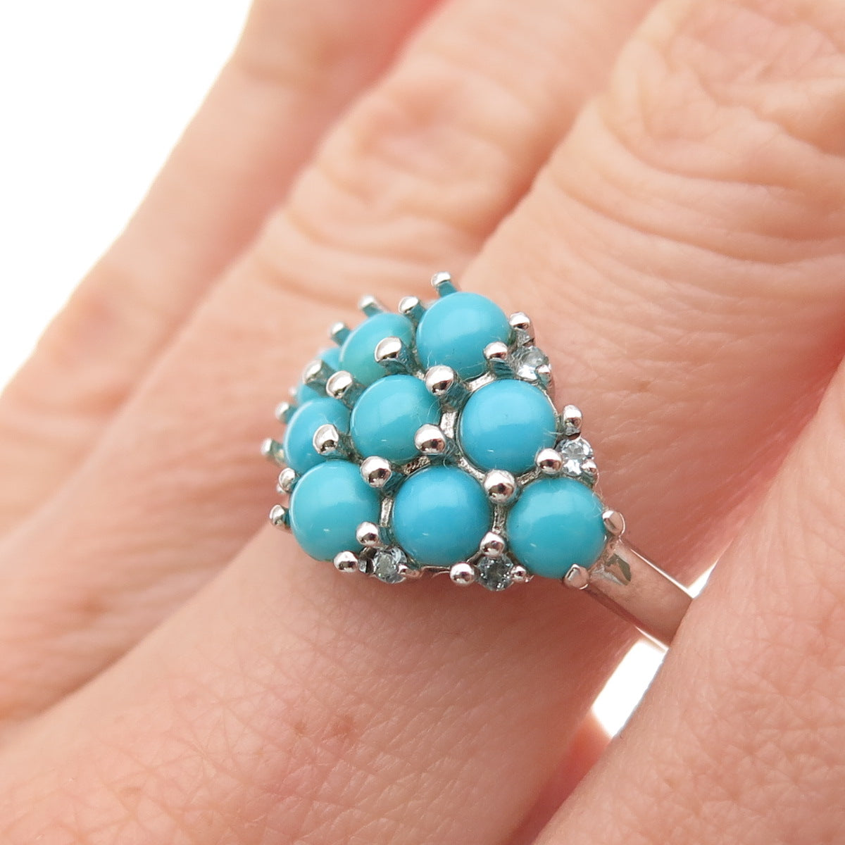 925 Sterling Silver Real Sleeping Beauty Turquoise & Blue Topaz Ring Size 8.25
