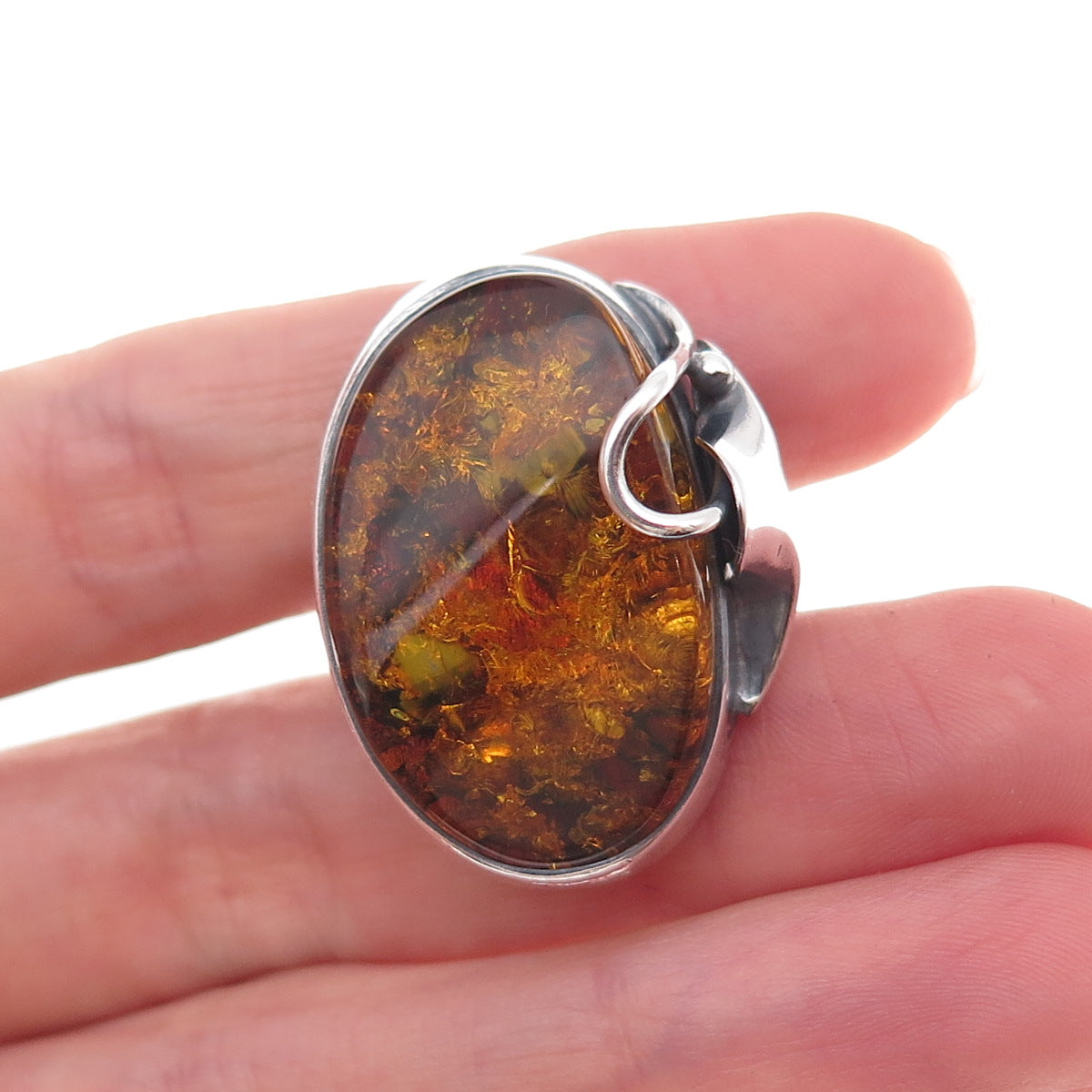925 Sterling Silver Vintage Real Amber Modernist Oxidized Ring Size 8.25