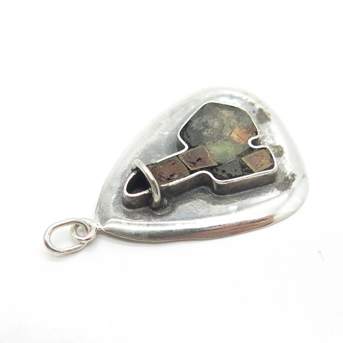 925 Sterling Silver Vintage Israel Real Turquoise & Jasper Pendant