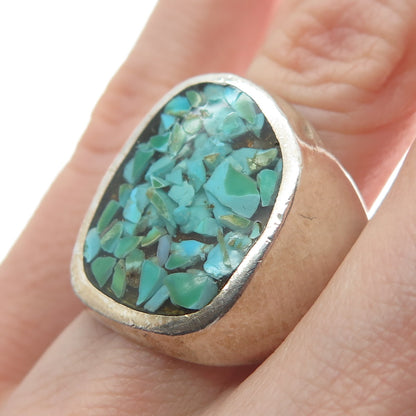 Old Pawn 925 Sterling Silver Vintage Southwestern Turquoise Inlay Ring Size 10.5