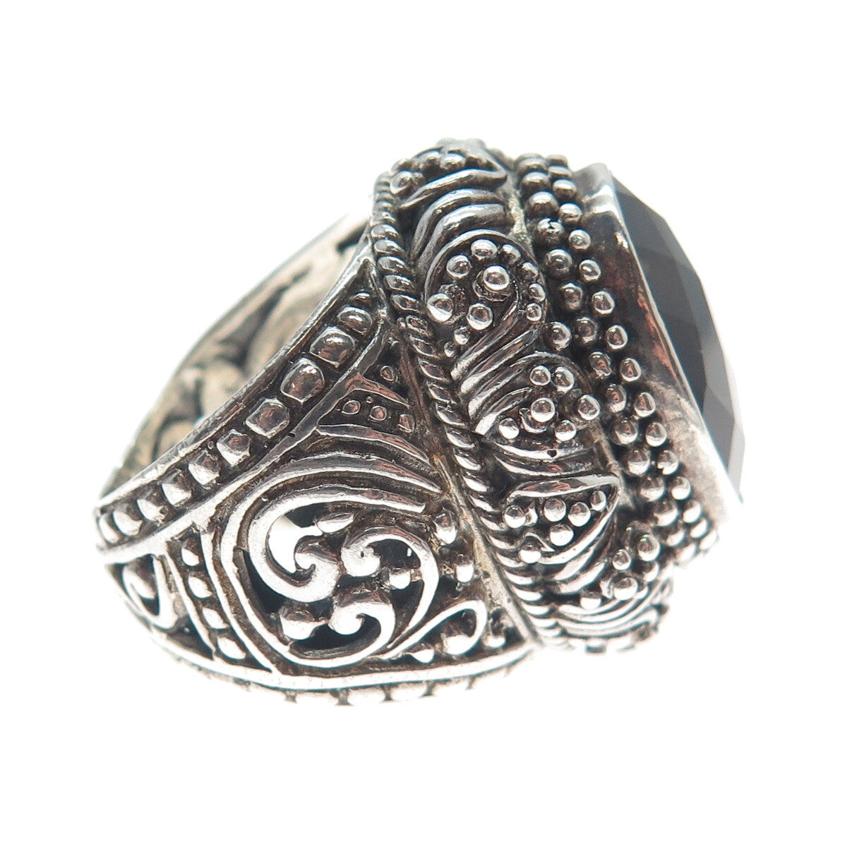 SARDA Sterling Silver Vintage Smoky Quartz Granulated Oxidized Ring Size 5.25