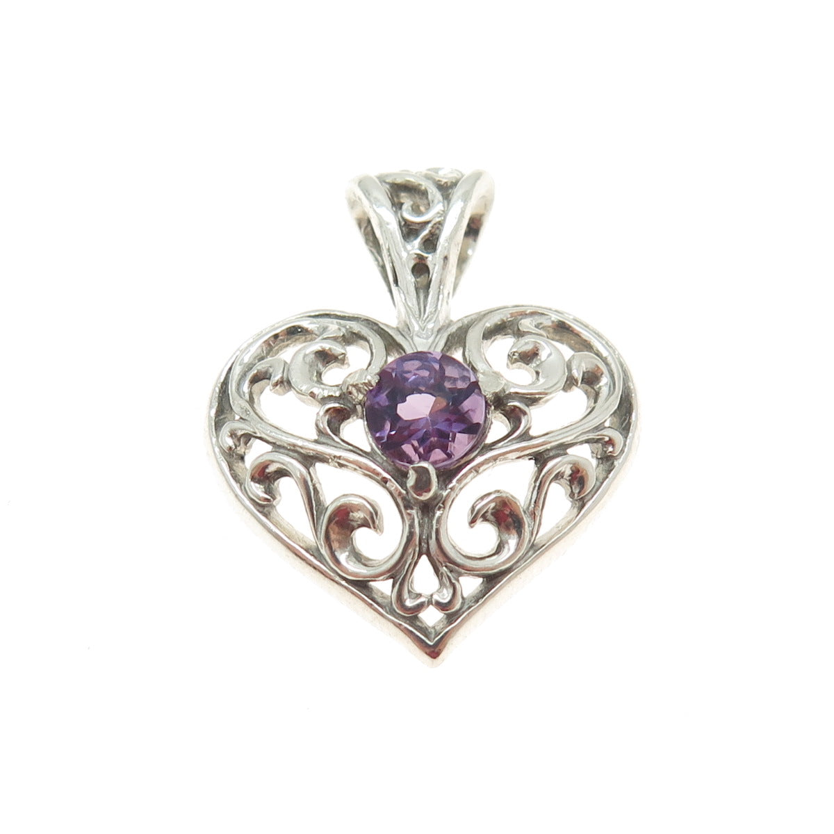 KABANA 925 Sterling Silver Vintage Real Amethyst Gemstone Heart Ornate Pendant