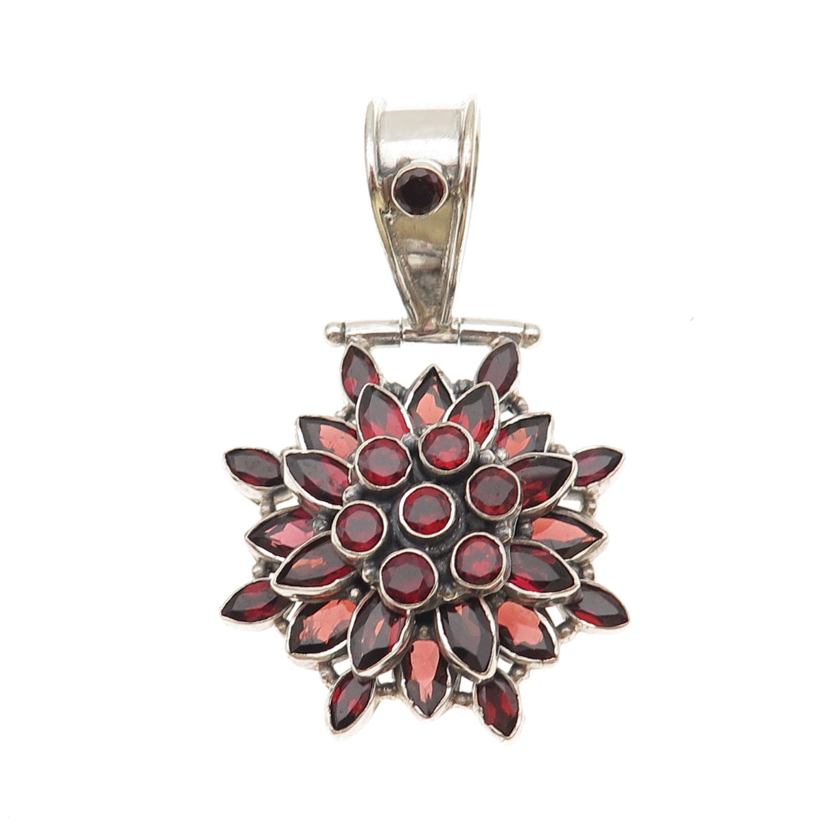 925 Sterling Silver Vintage Real Red Garnet Floral Cluster Pendant