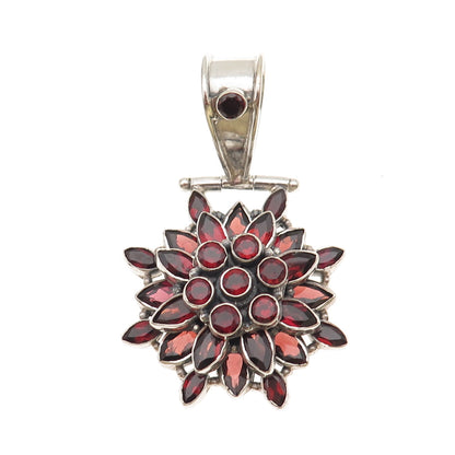 925 Sterling Silver Vintage Real Red Garnet Floral Cluster Pendant