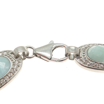 925 Sterling Silver Real Milky Aquamarine & C Z Bracelet 7.25"