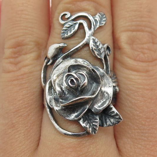 925 Sterling Silver Vintage Rose Flower Statement Oxidized Ring Size 8.25