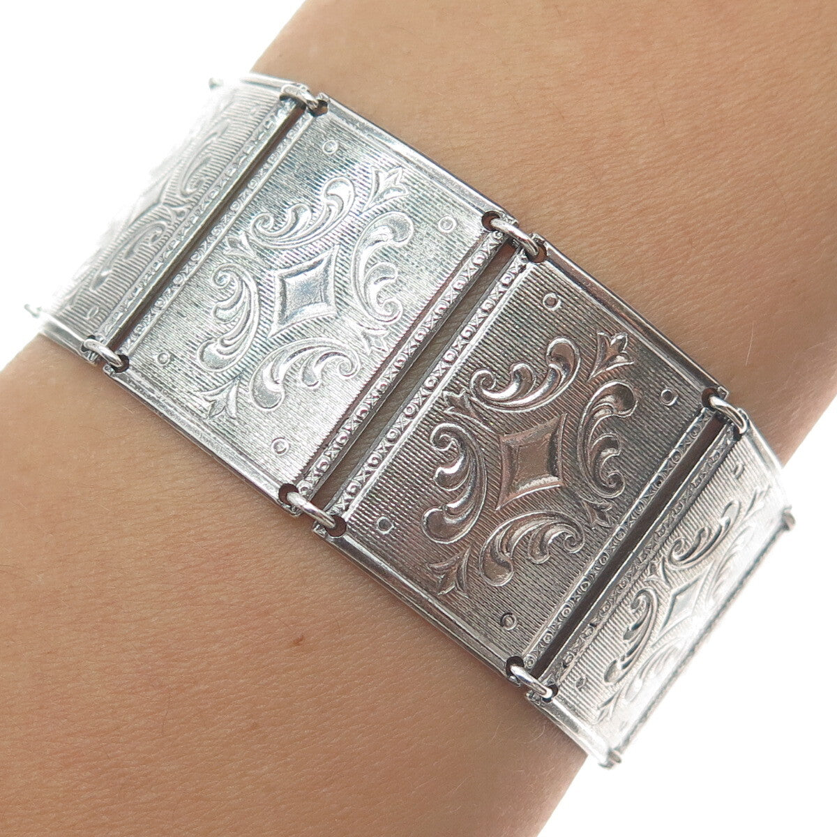BREADNER CO 925 Sterling Silver Antique Art Deco Engraved Panel Link Bracelet 7"