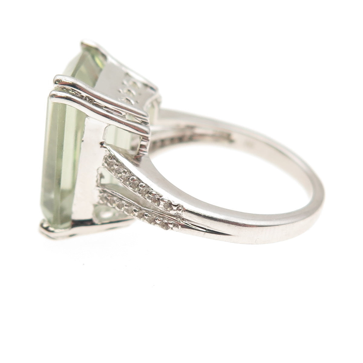 925 Sterling Silver Real Green Amethyst & White Topaz Ring Size 7