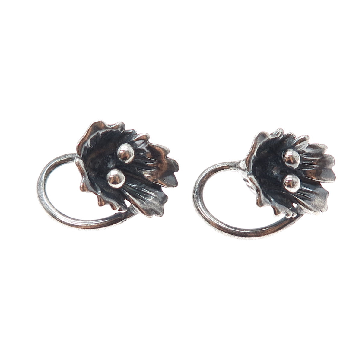 925 Sterling Silver Vintage Modernist Flower Oxidized Earrings