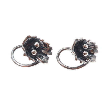 925 Sterling Silver Vintage Modernist Flower Oxidized Earrings