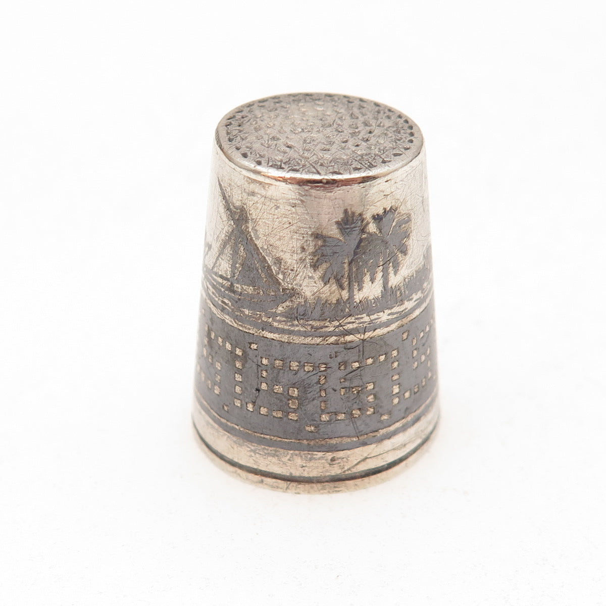 925 Sterling Silver Antique Art Deco Niello Oxidized Sewing Thimble