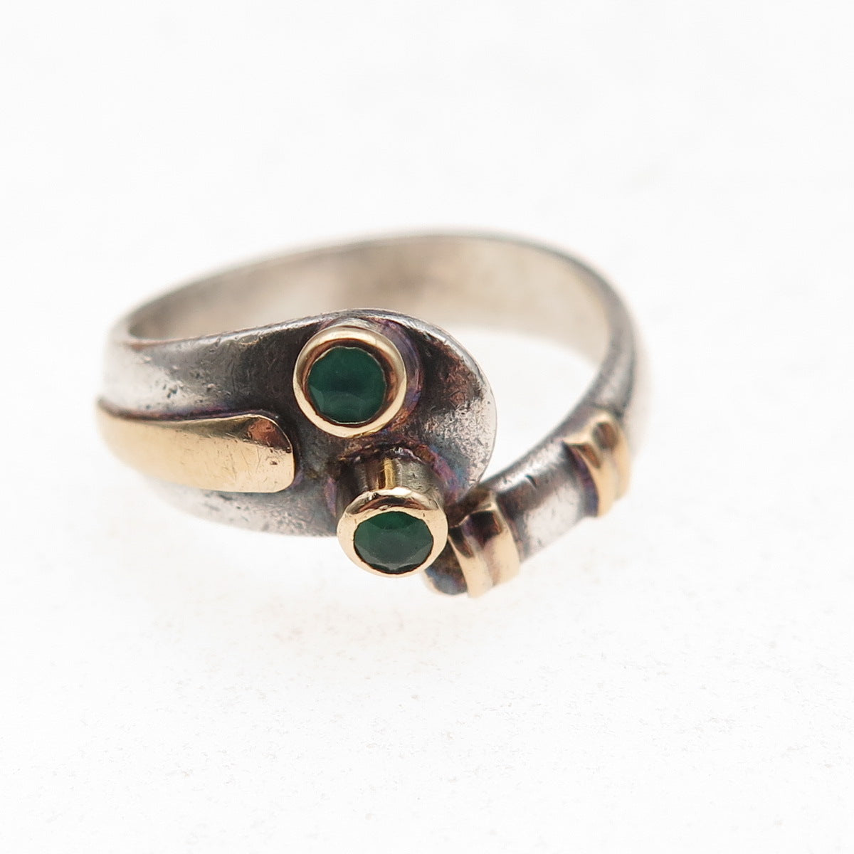 925 Sterling Silver 14K Gold Vintage Real Green Chalcedony Snake Ring Size 7