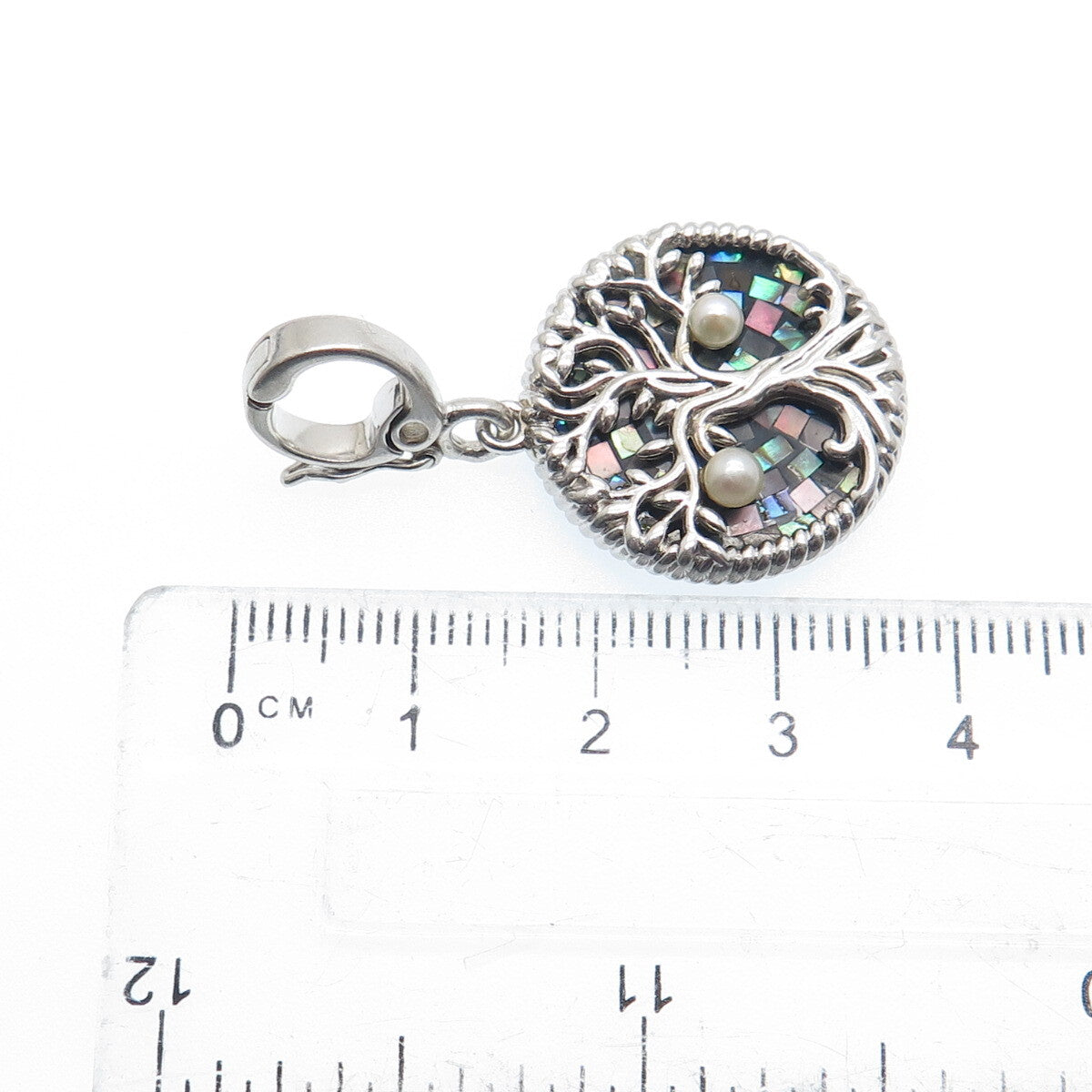 925 Sterling Silver Vintage Real Pearl Abalone Shell Inlay Tree of Life Pendant