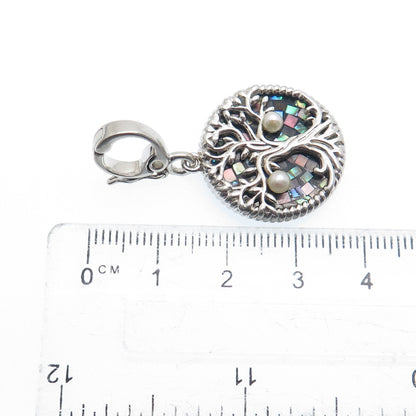 925 Sterling Silver Vintage Real Pearl Abalone Shell Inlay Tree of Life Pendant