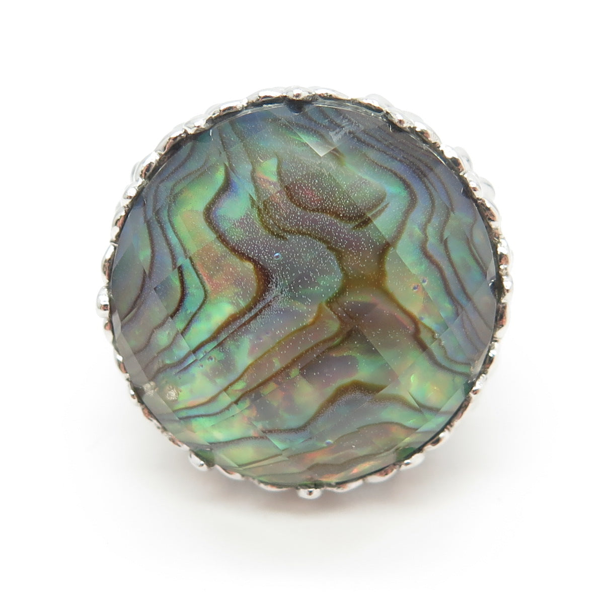 925 Sterling Silver Real Doublet Abalone Shell Floral Wide Ring Size 6.25