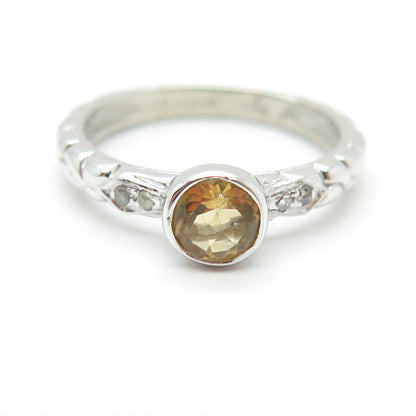 925 Sterling Silver Real White Diamond & Citrine Gemstone Pebble Ring Size 6.75