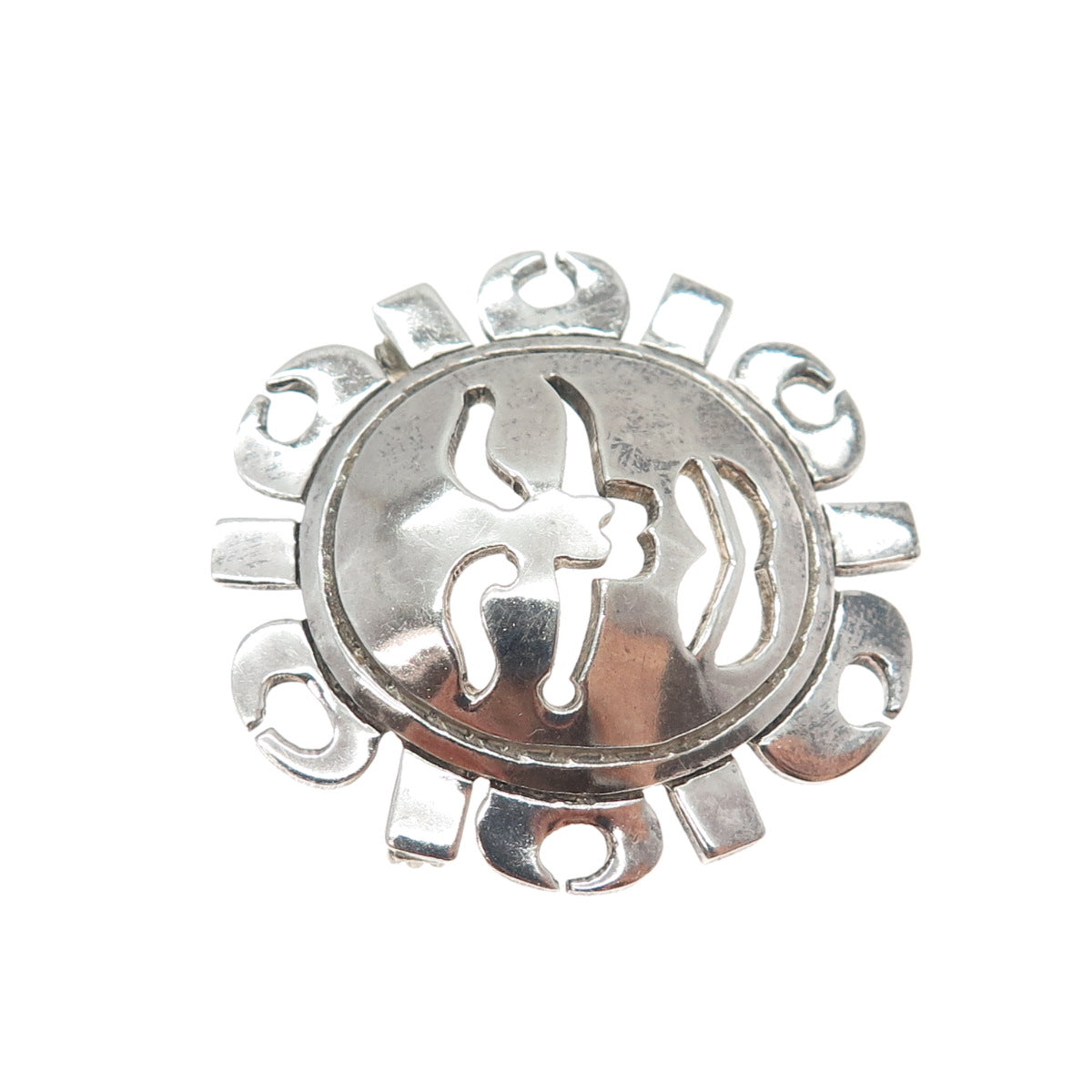 925 Sterling Silver Vintage Mexico Sun Face Modernist Oxidized Pin Brooch