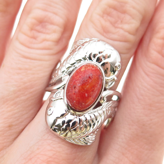 925 Sterling Silver Vintage Real Coral Pisces Zodiac Sign Ring Size 8