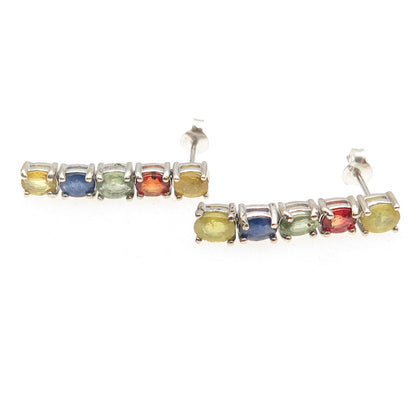 925 Sterling Silver Real Oval-Cut Multi-Color Sapphire Bar Earrings