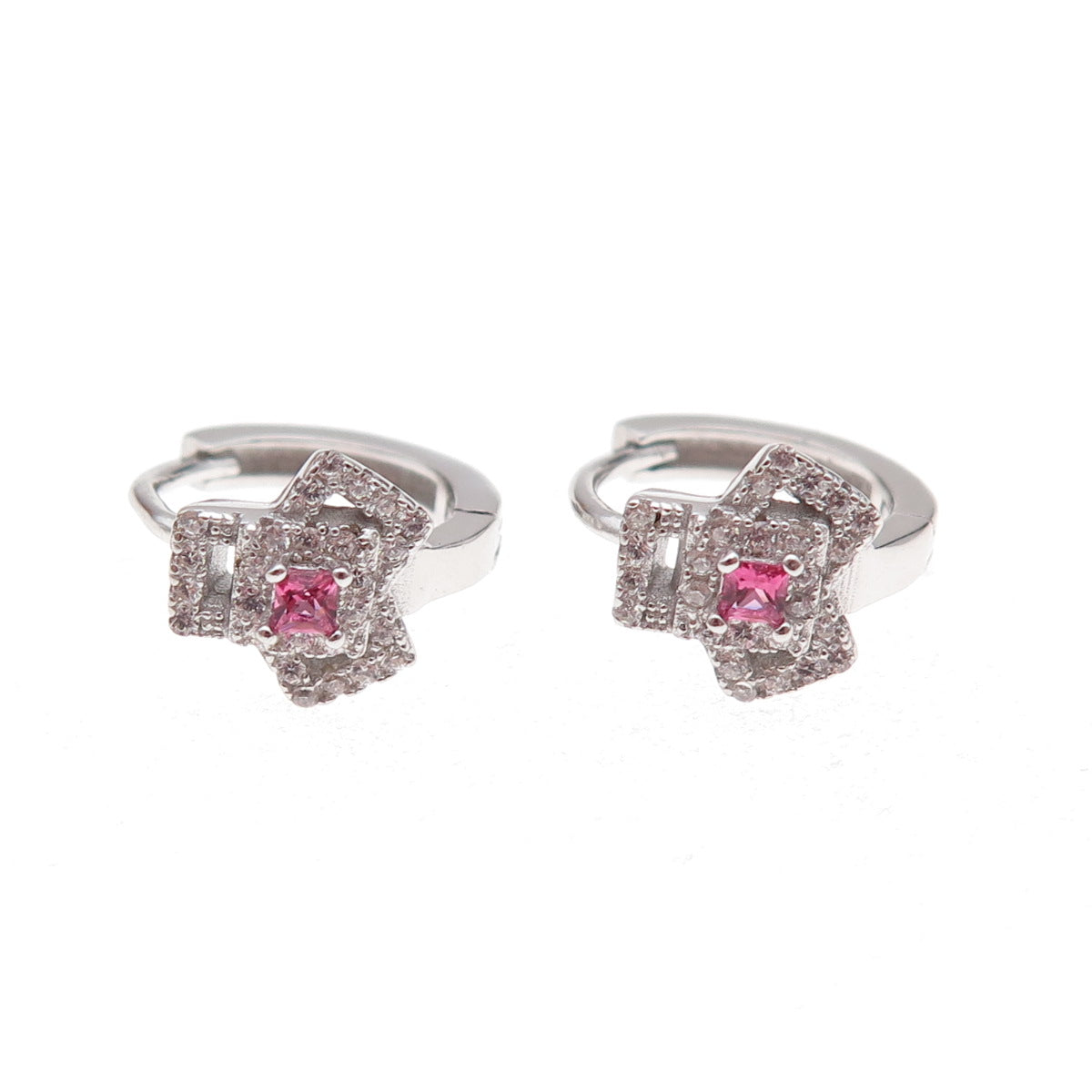 925 Sterling Silver Pink & White C Z Hoop Earrings