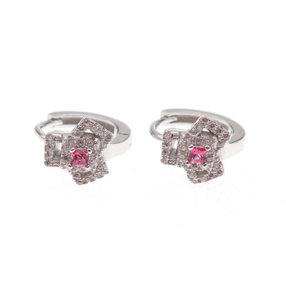 925 Sterling Silver Pink & White C Z Hoop Earrings