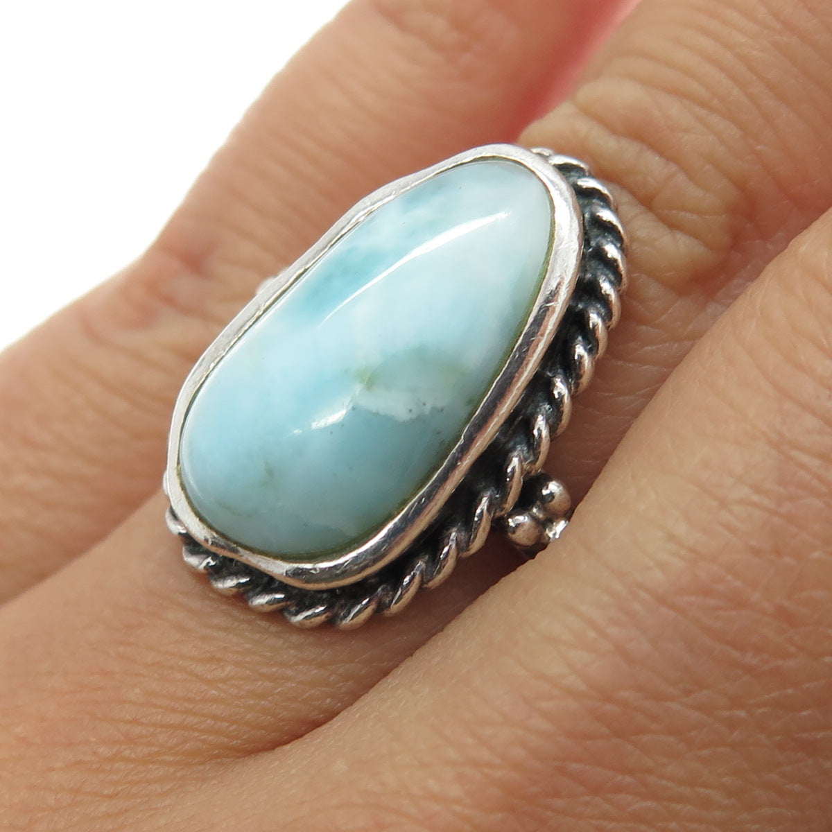 925 Sterling Silver Vintage Real Larimar Gemstone Statement Ring Size 6.25