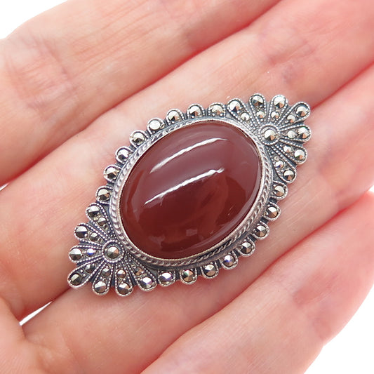 925 Sterling Silver Vintage Real Carnelian & Marcasite Oxidized Pin Brooch
