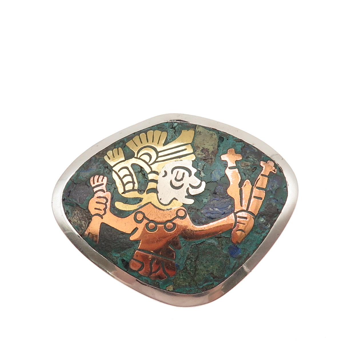 Los Ballesteros 925 Sterling 3-Tone Vintage Mexico Real Azurite Warrior Brooch