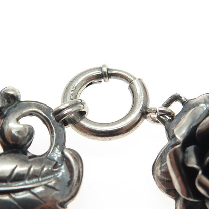 925 Sterling Silver Antique Art Deco Rose Flower Oxidized Bracelet 7.25"