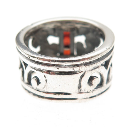925 Sterling Silver Vintage Italy Real Red Garnet Modernist Oxidized Ring Size 8