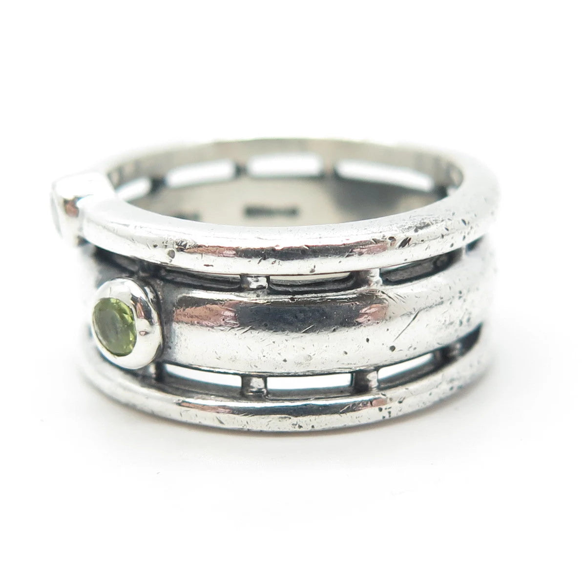 925 Sterling Silver Vintage BOMA Real Peridot Gemstone & C Z Band Ring Size 8.25