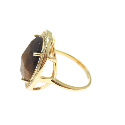 925 Sterling Silver Gold Plated Real Round-Cut Tiger Eye & C Z Ring Size 7.5