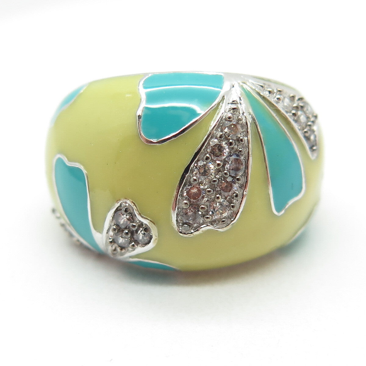 925 Sterling Silver Yellow & Blue Enamel Round-Cut C Z Floral Dome Ring Size 8