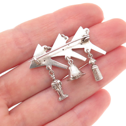 925 Sterling Silver Antique Art Deco Nuremberg Funnel Dangle Charms Pin Brooch