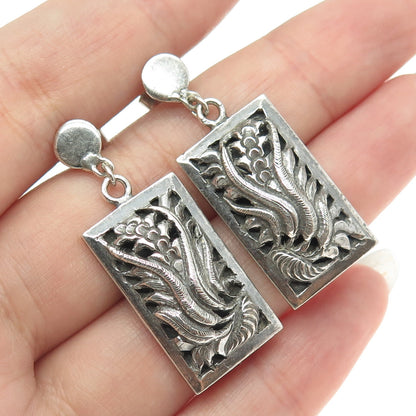 925 Sterling Silver Antique Art Deco Feather Pattern Oxidized Earrings