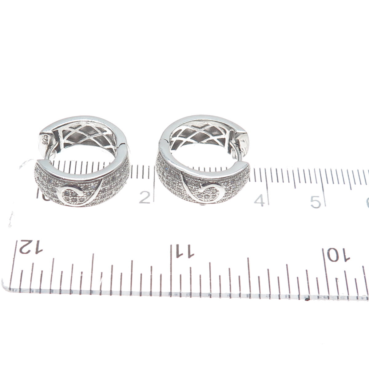 925 Sterling Silver Round-Cut C Z Heart Hoop Earrings