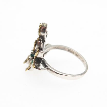 925 Sterling Silver 14K Gold Vintage Real Emerald Modernist Ring Size 6