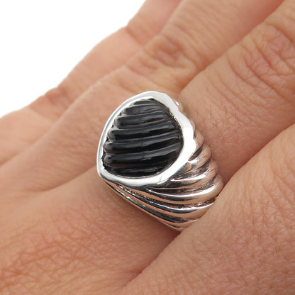 925 Sterling Silver Vintage Real Black Onyx Heart Oxidized Ring Size 6.25