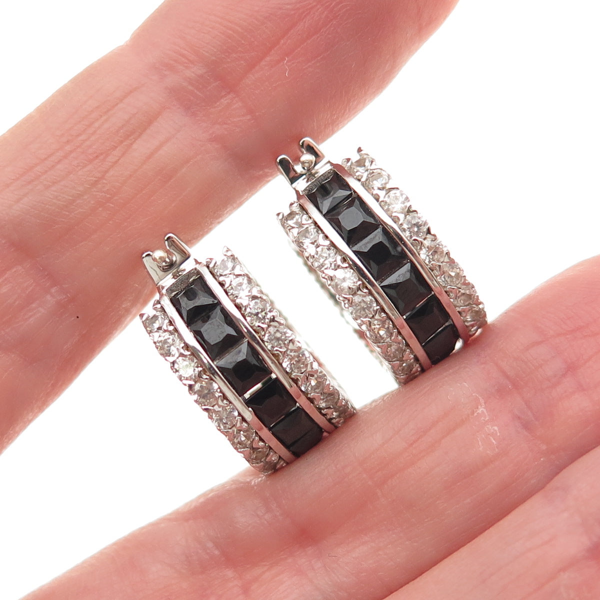 925 Sterling Silver Real Black Spinel & White Topaz Hoop Earrings