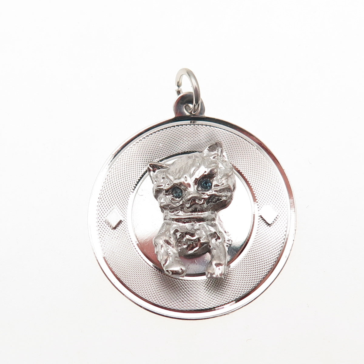 925 Sterling Silver Vintage Blue Rhinestone Kitty Cat Charm Pendant